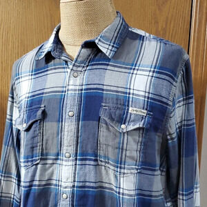 Lucky brand soft blue grey flannel shirt plaid snap up